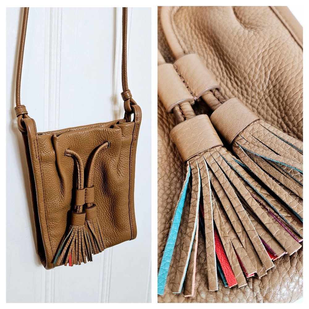 Fossil Crossbody Bag OS Claire Mini Tech Pebbled Leather Tassels Boho Tan Cognac